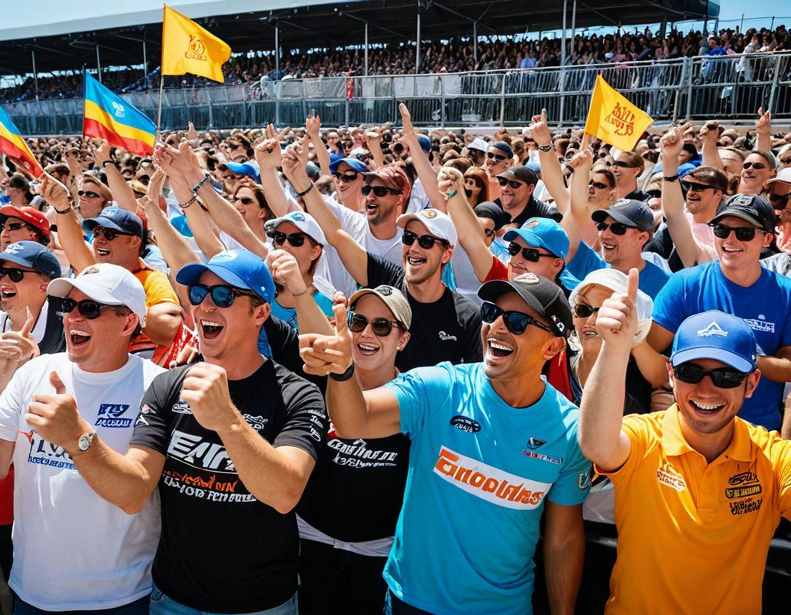 A dynamic scene showcasing a diverse group of enthusiastic motorsports fans in a lively pit area, capturing the excitement of a race day. Include colorful race cars, people wearing branded gear, and banners fluttering in the background. Highlight camaraderie and energy with smiles, cheering, and diverse expressions of passion. The setting should be bright, emphasizing the thrill of the event. super-realistic. vibrant colors. 3D.