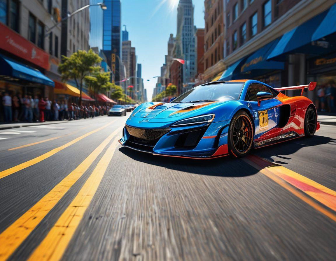 A dynamic scene showcasing a sleek racing car transitioning from a vibrant racetrack to a city street, with speed motion effects and colorful car modifications highlighted. The background features urban skyscrapers and checkered flags, suggesting the excitement of motorsports and street culture. Include elements like tire tracks and tools for car modifications in the foreground. super-realistic. vibrant colors. dynamic composition.