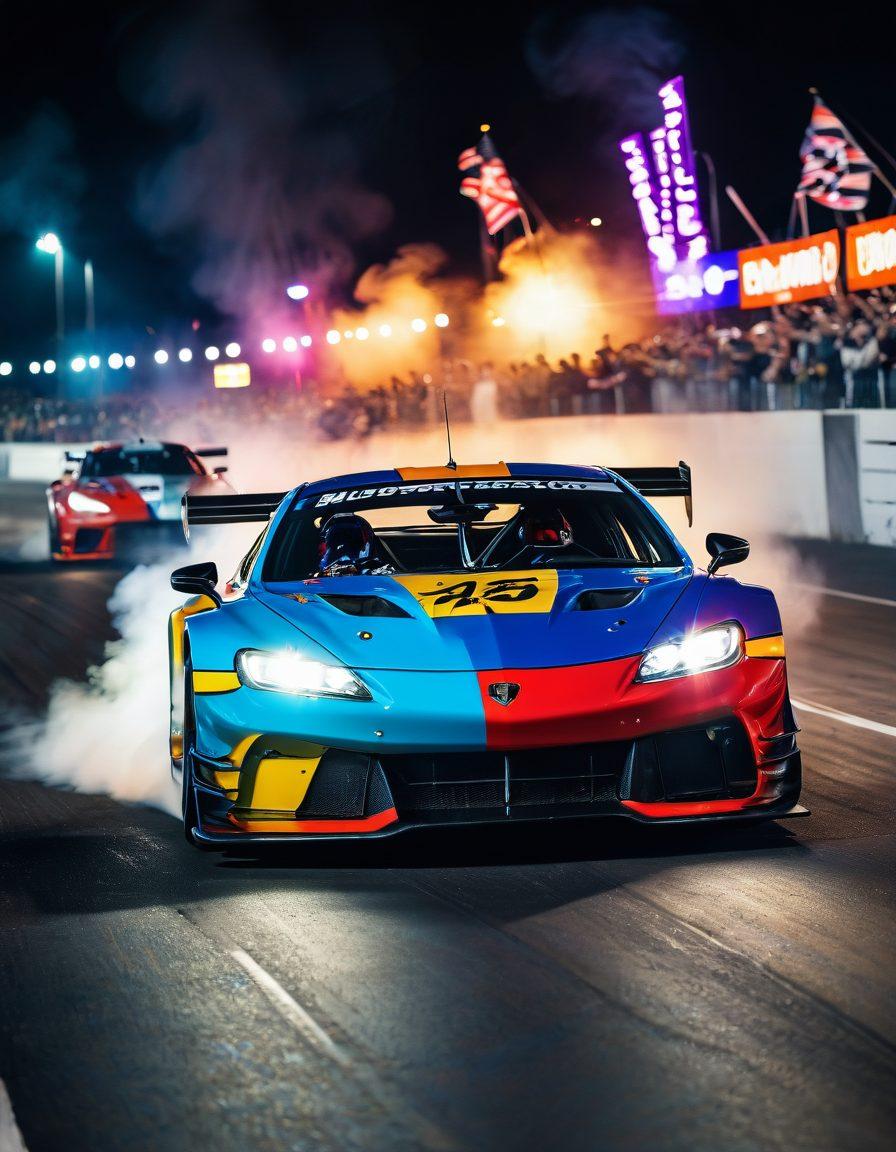 An exhilarating scene at a racetrack, featuring sleek racing cars speeding down the asphalt, with vibrant smoke trails behind them. Fans in the stands, waving flags and wearing colorful racing gear, encapsulate the electric atmosphere. The backdrop showcases banners and bright lights of the Motorplex, capturing the essence of car culture. dynamic angles, high energy. super-realistic. vibrant colors.